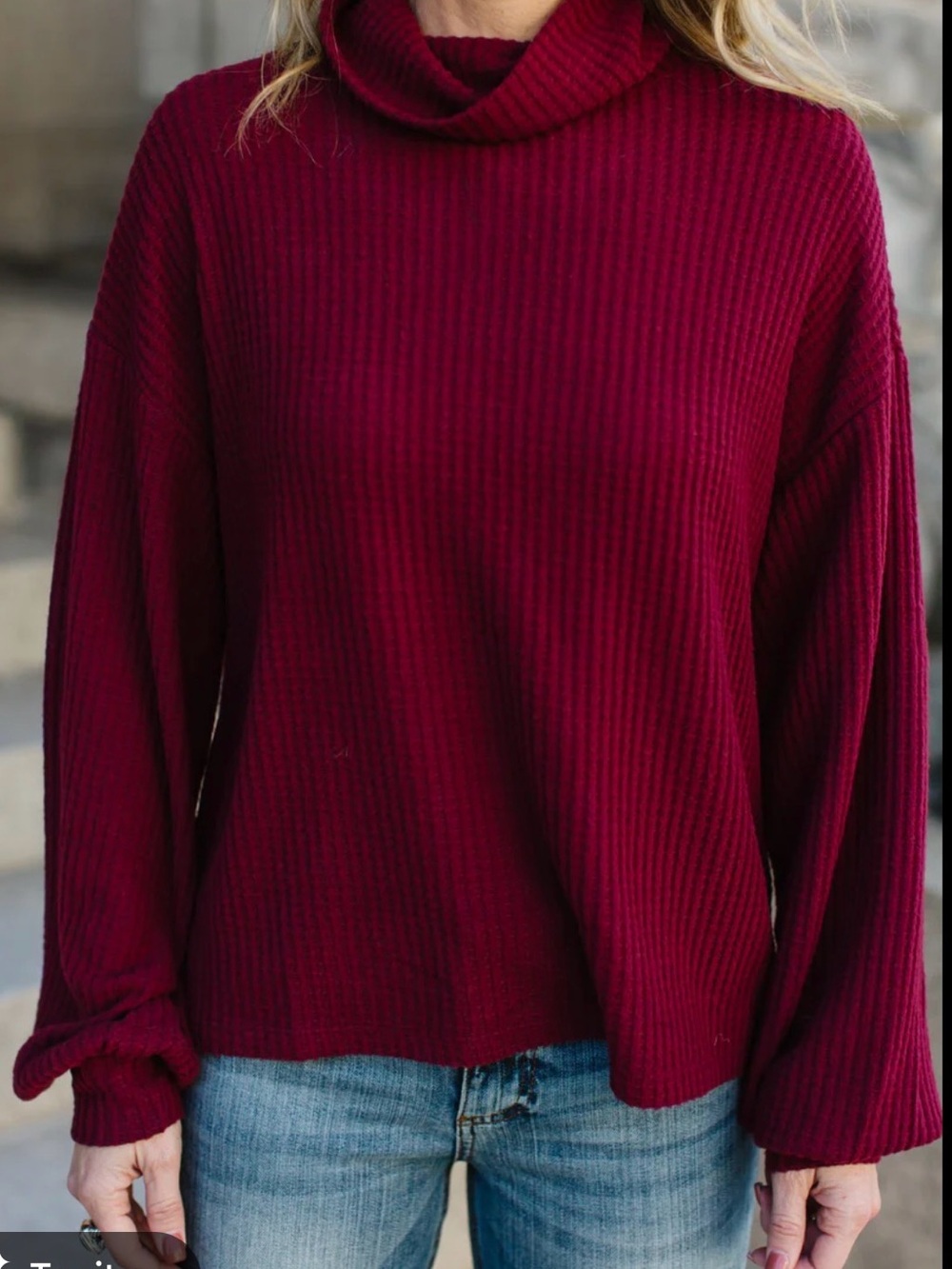Zenana Waffle Knit Cozy Ribbed Turtleneck Sweater in Burgundy - Small